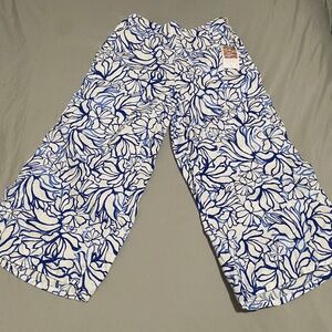 NWT-Martha Stewart 100% Linen Wide Leg Pants-Size Medium- Blue/White Floral